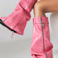 Wrapped Padlock Zip Detail Folded Knee High Wedge Chunky Biker Boots - Pink
