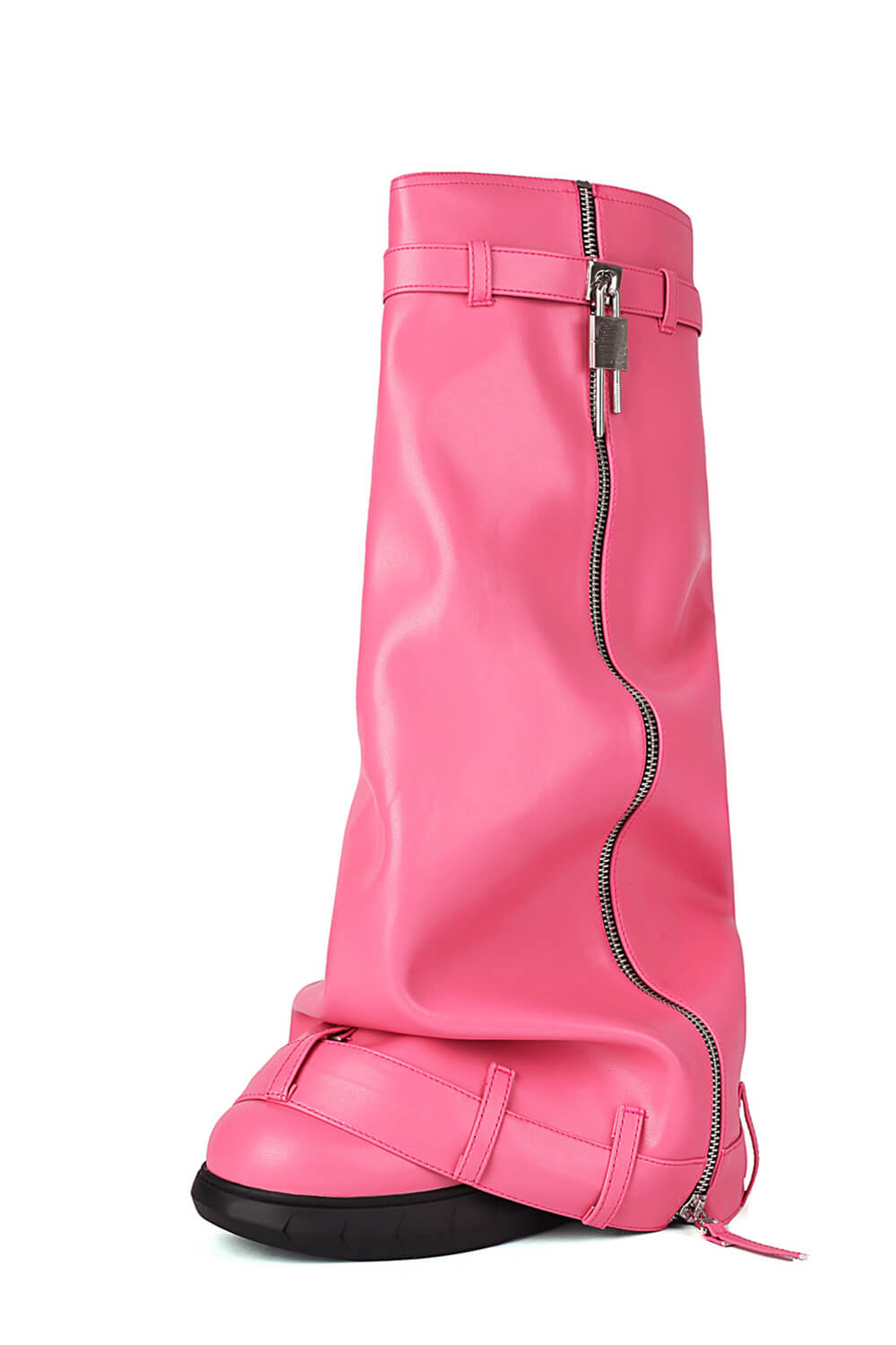 Wrapped Padlock Zip Detail Folded Knee High Wedge Chunky Biker Boots - Pink