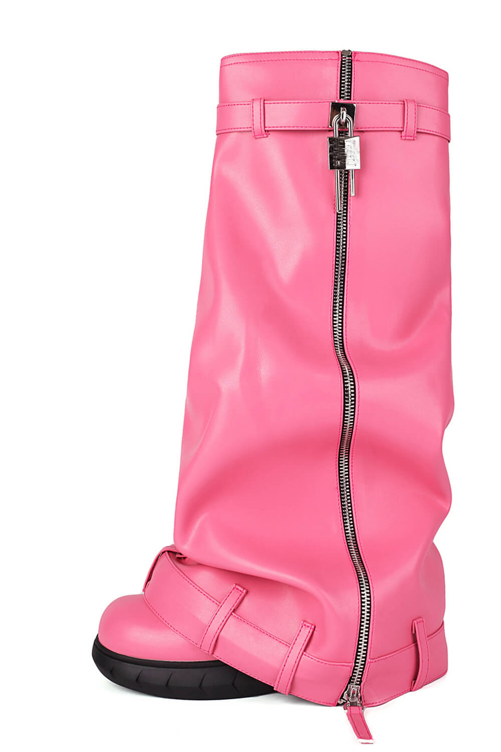 Wrapped Padlock Zip Detail Folded Knee High Wedge Chunky Biker Boots - Pink