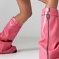 Wrapped Padlock Zip Detail Folded Knee High Wedge Chunky Biker Boots - Pink