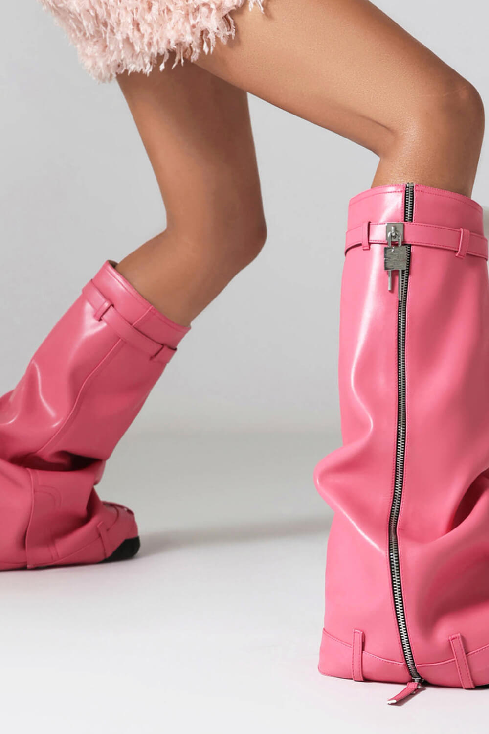 Wrapped Padlock Zip Detail Folded Knee High Wedge Chunky Biker Boots - Pink