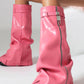 Wrapped Padlock Zip Detail Folded Knee High Wedge Chunky Biker Boots - Pink
