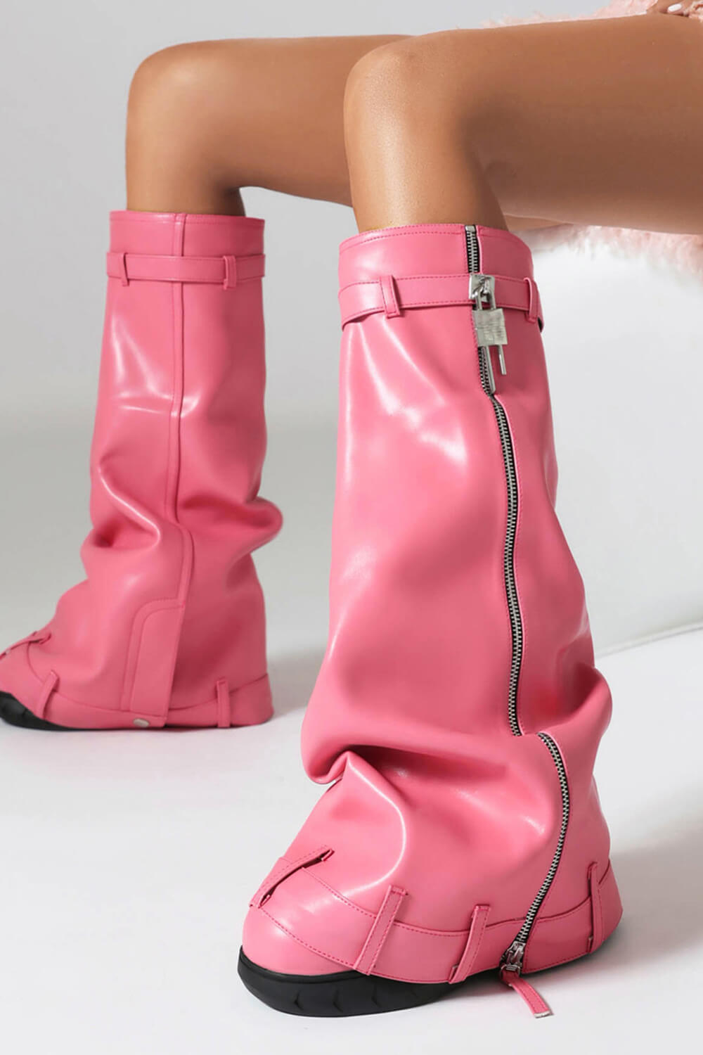Wrapped Padlock Zip Detail Folded Knee High Wedge Chunky Biker Boots - Pink