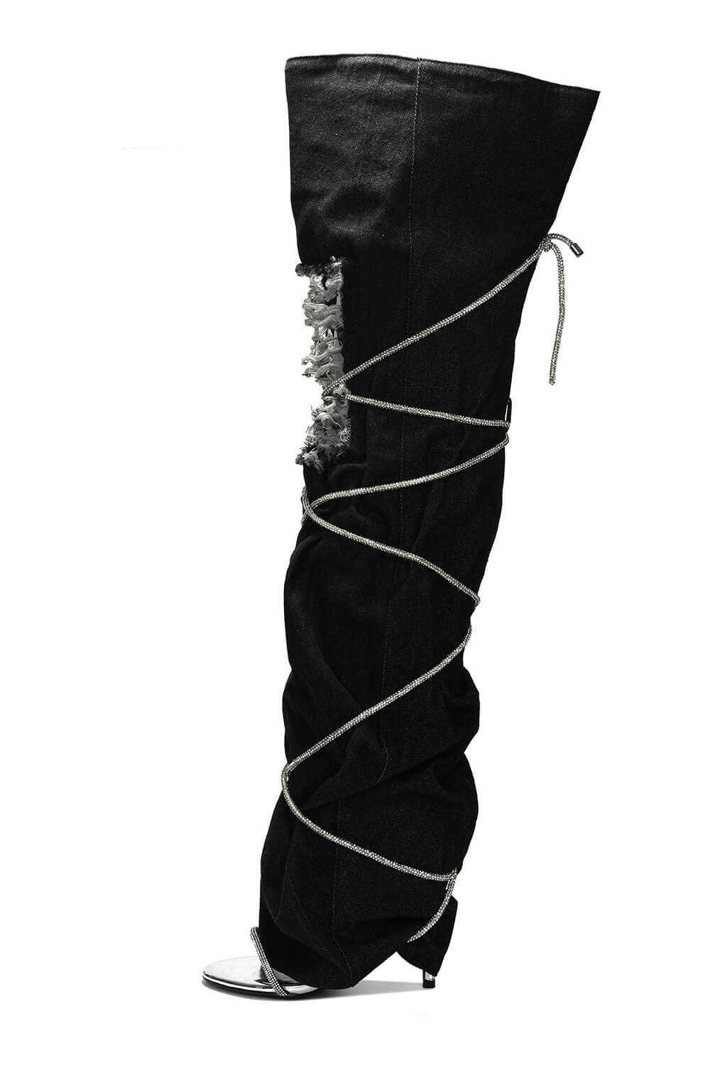 Rhinestone Rope Wrap Lace Up Fold Over Over The Knee Boots - Black