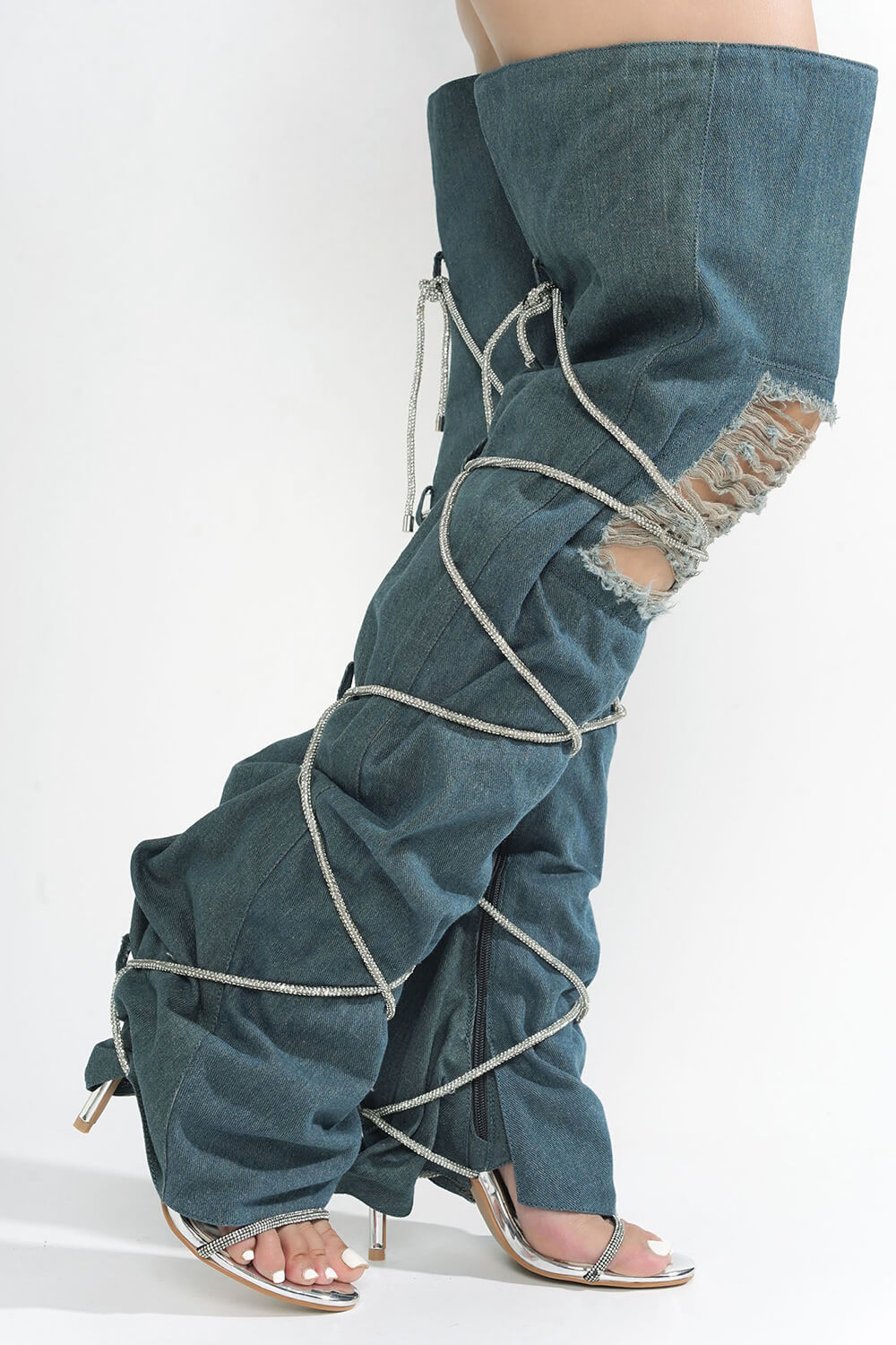 Rhinestone Rope Wrap Lace Up Fold Over Over The Knee Boots - Blue