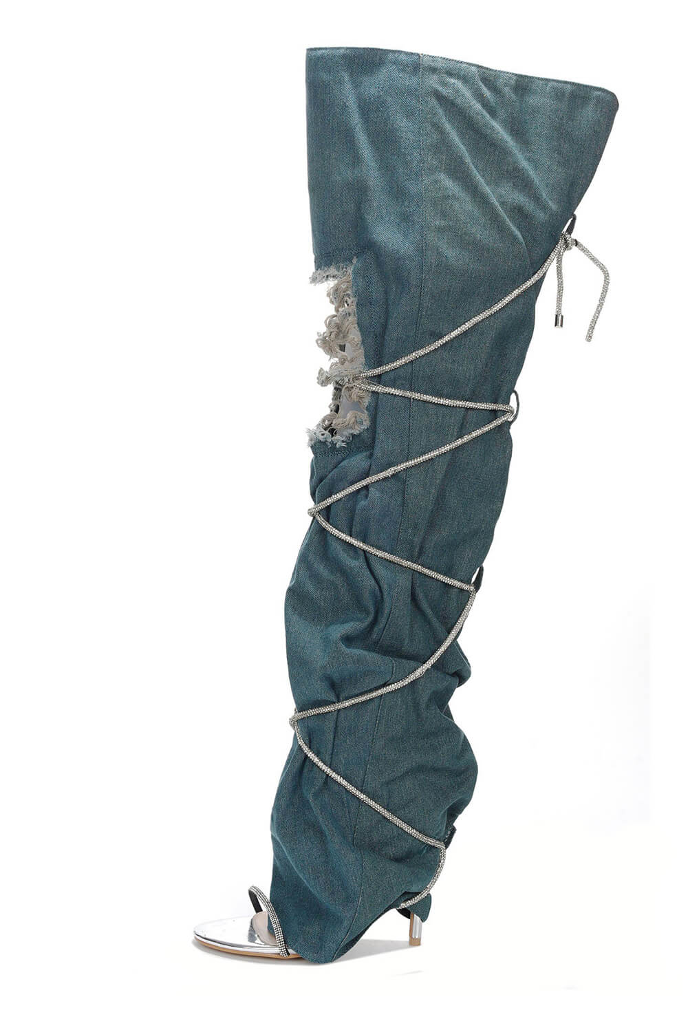 Rhinestone Rope Wrap Lace Up Fold Over Over The Knee Boots - Blue