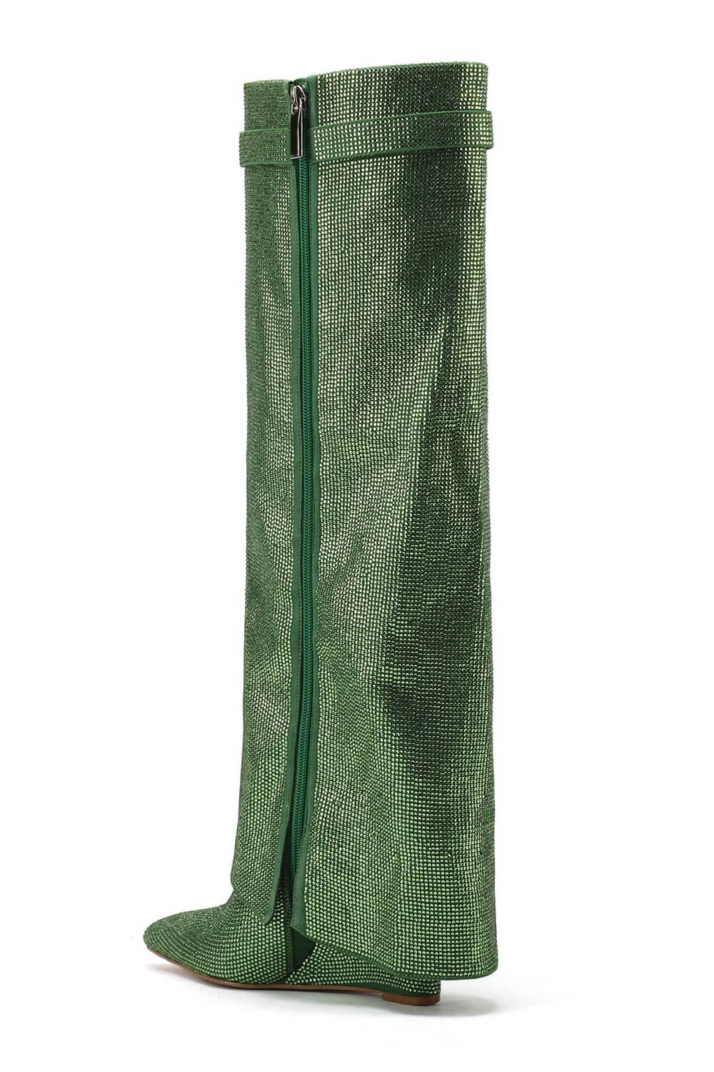 Gem Embellished Diamante Padlock Detail Folded Knee High Wedge Boots - Green