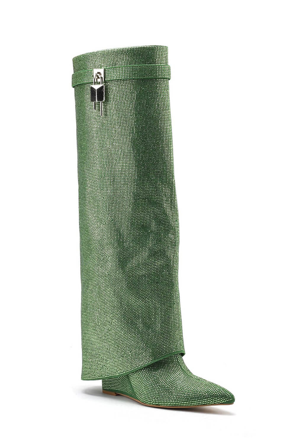 Gem Embellished Diamante Padlock Detail Folded Knee High Wedge Boots - Green