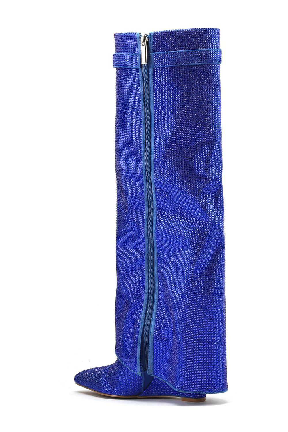 Gem Embellished Diamante Padlock Detail Folded Knee High Wedge Boots - Blue