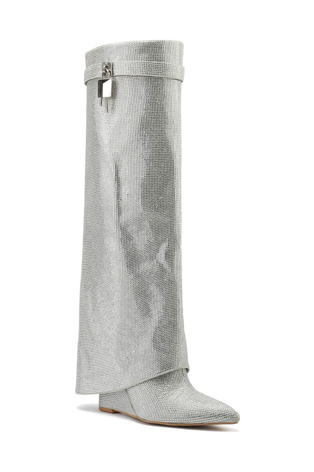 Gem Embellished Diamante Padlock Detail Folded Knee High Wedge Boots - Silver