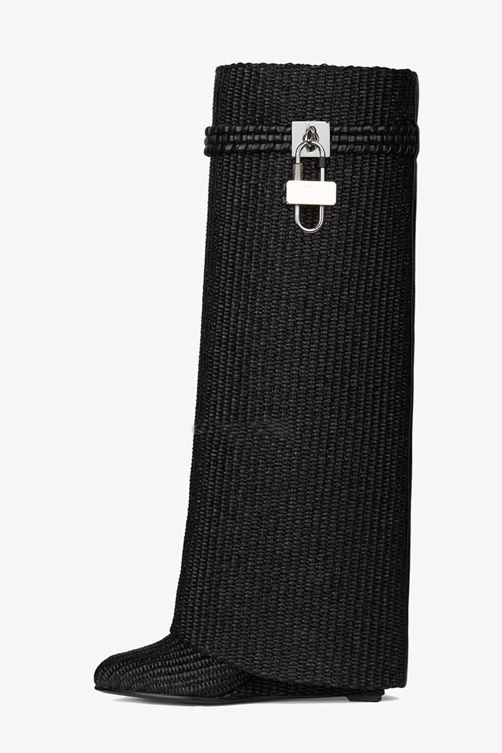 Raffia Padlock Detail Folded Wedge Heel Knee High Boots - Black