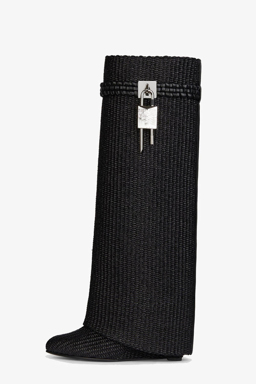 Raffia Padlock Detail Folded Wedge Heel Knee High Boots - Black
