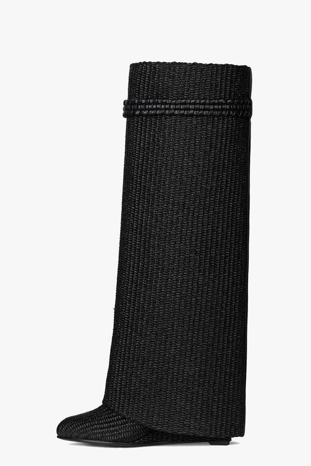 Raffia Padlock Detail Folded Wedge Heel Knee High Boots - Black