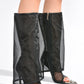 Mesh Fold Over Knee High Stiletto Heeled Pointy Boots