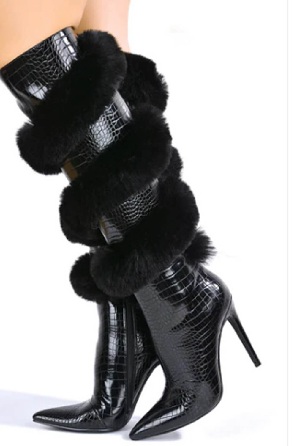 Crocodile Wrap Around Fur Kneed High Pointed Toe Stiletto Heeled Boots - Black