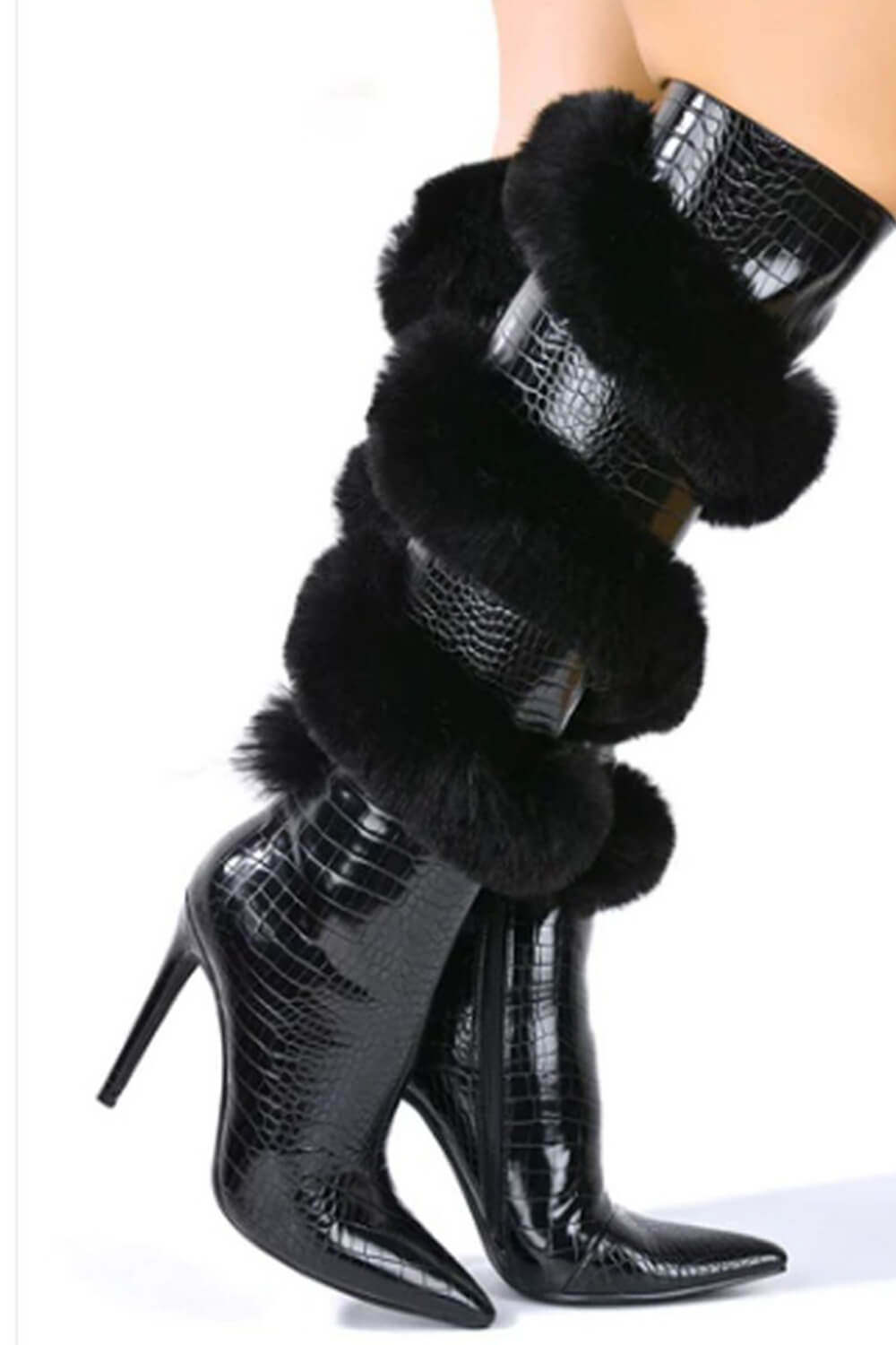 Crocodile Wrap Around Fur Kneed High Pointed Toe Stiletto Heeled Boots - Black