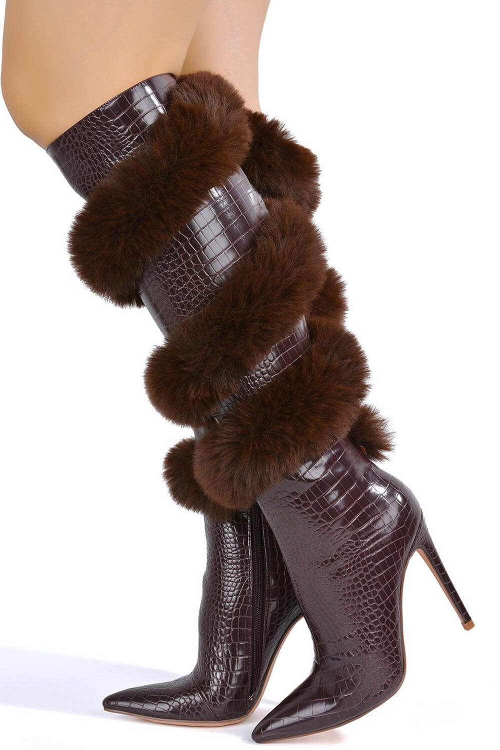 Crocodile Wrap Around Fur Kneed High Pointed Toe Stiletto Heeled Boots - Brown