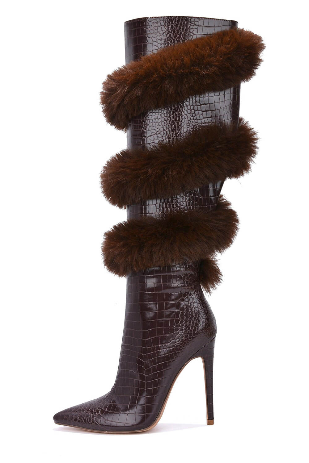 Crocodile Wrap Around Fur Kneed High Pointed Toe Stiletto Heeled Boots - Brown