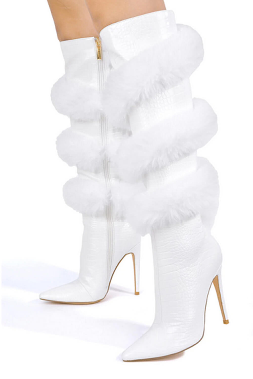 Crocodile Wrap Around Fur Kneed High Pointed Toe Stiletto Heeled Boots - White