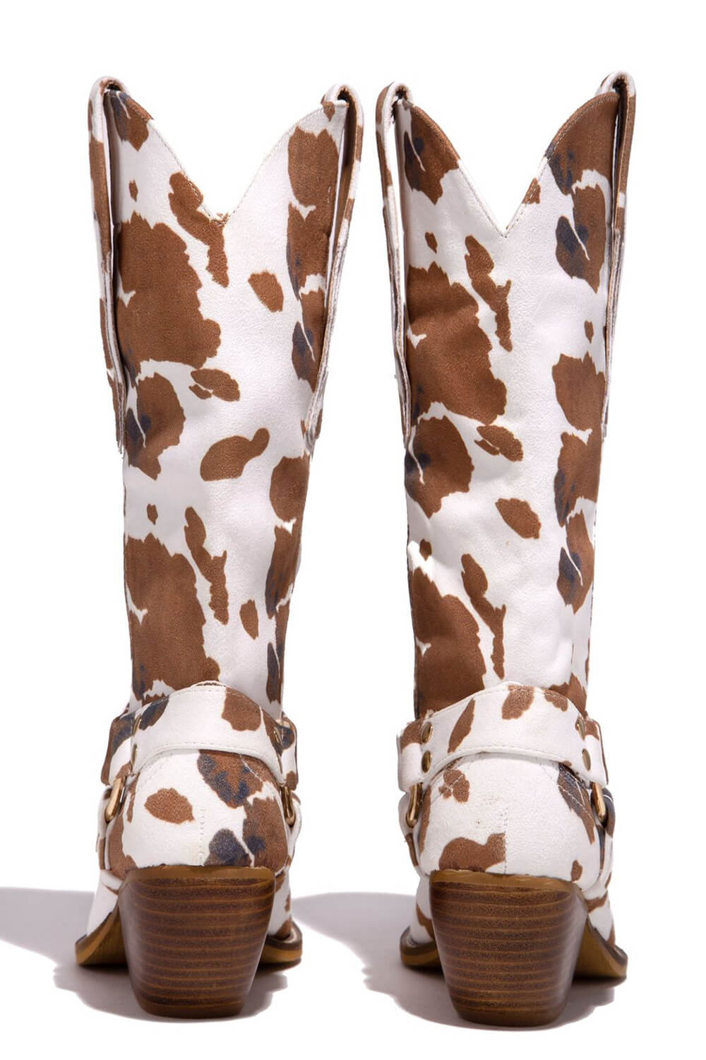 Cow Buckle Strap Detail Mid-Calf Western Boots - Brown