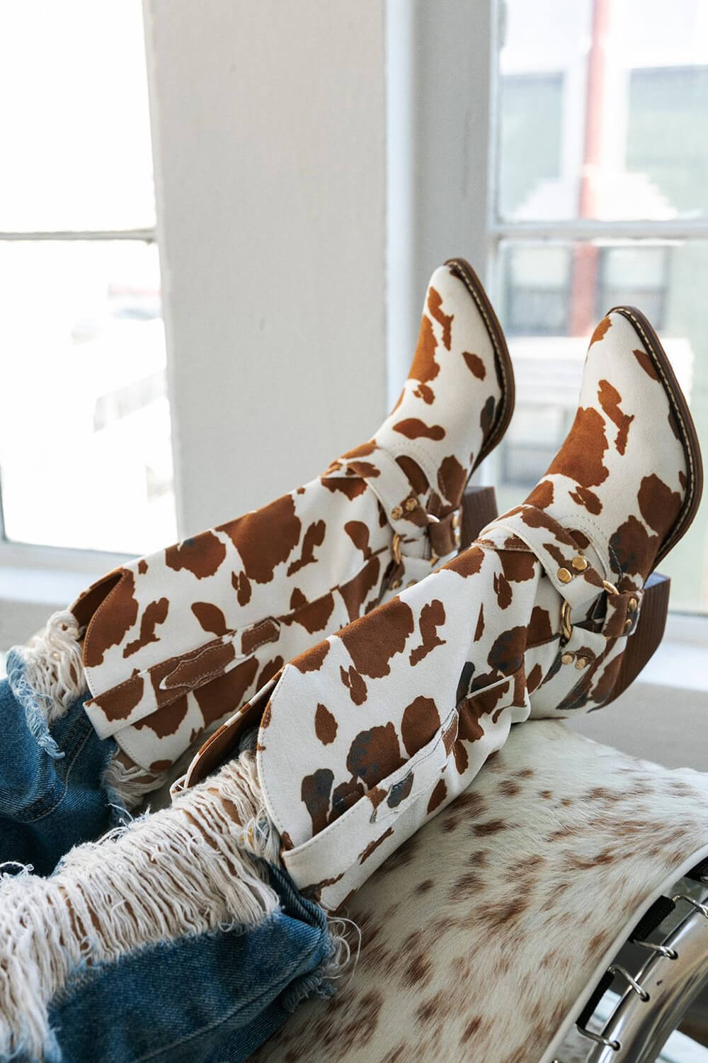 Cow Buckle Strap Detail Mid-Calf Western Boots - Brown