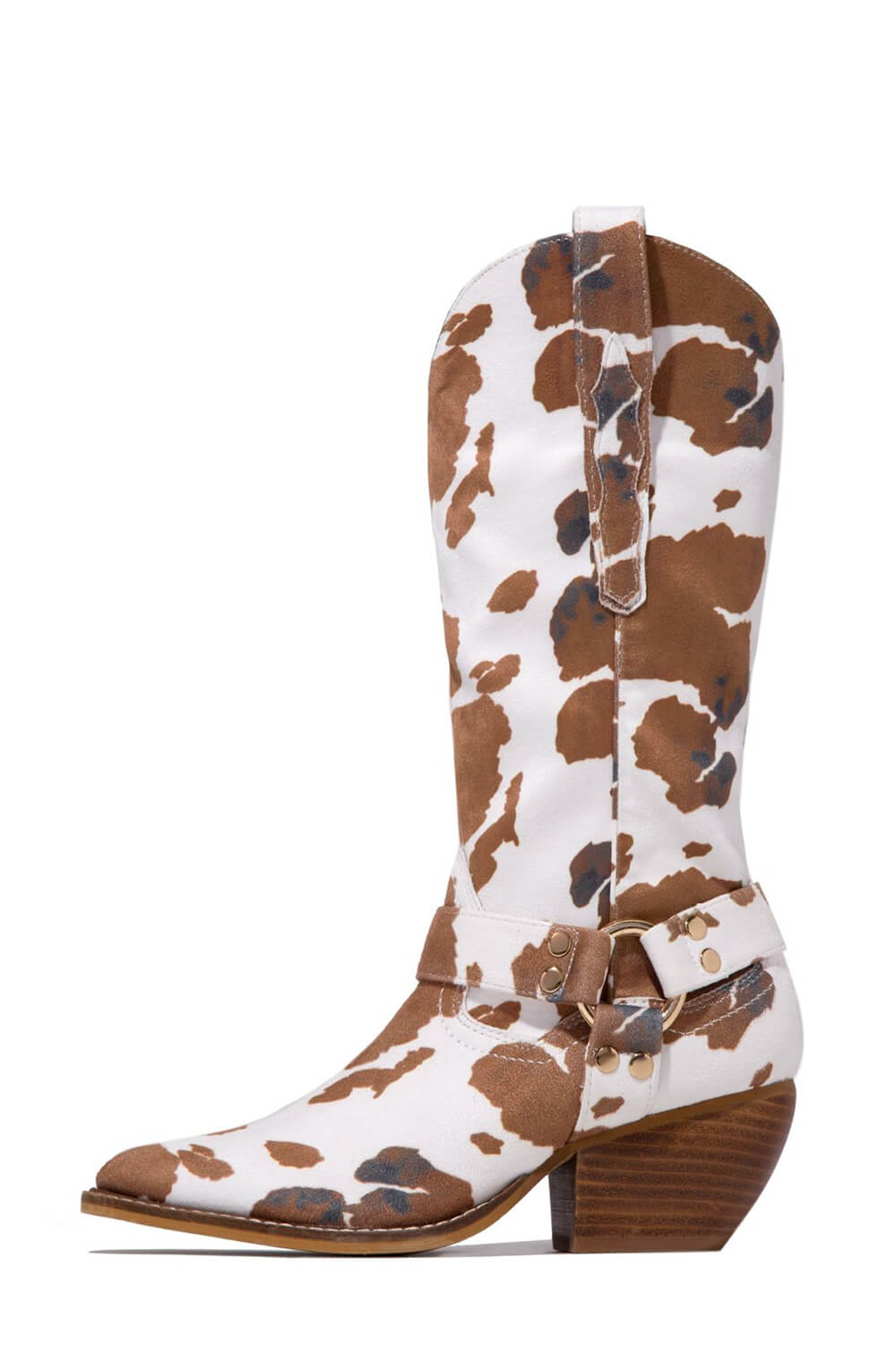 Cow Buckle Strap Detail Mid-Calf Western Boots - Brown