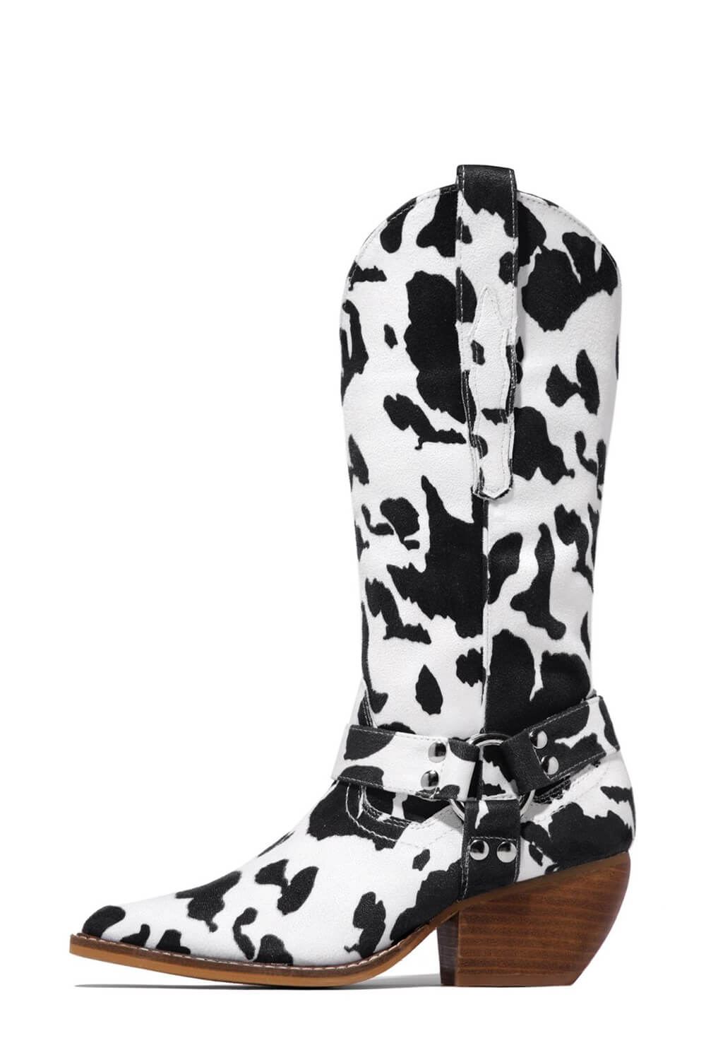 Cow Buckle Strap Detail Mid-Calf Western Boots - Black