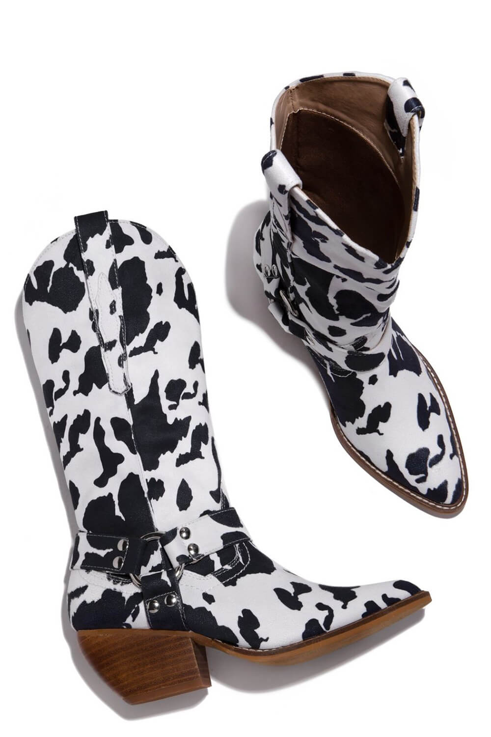 Cow Buckle Strap Detail Mid-Calf Western Boots - Black