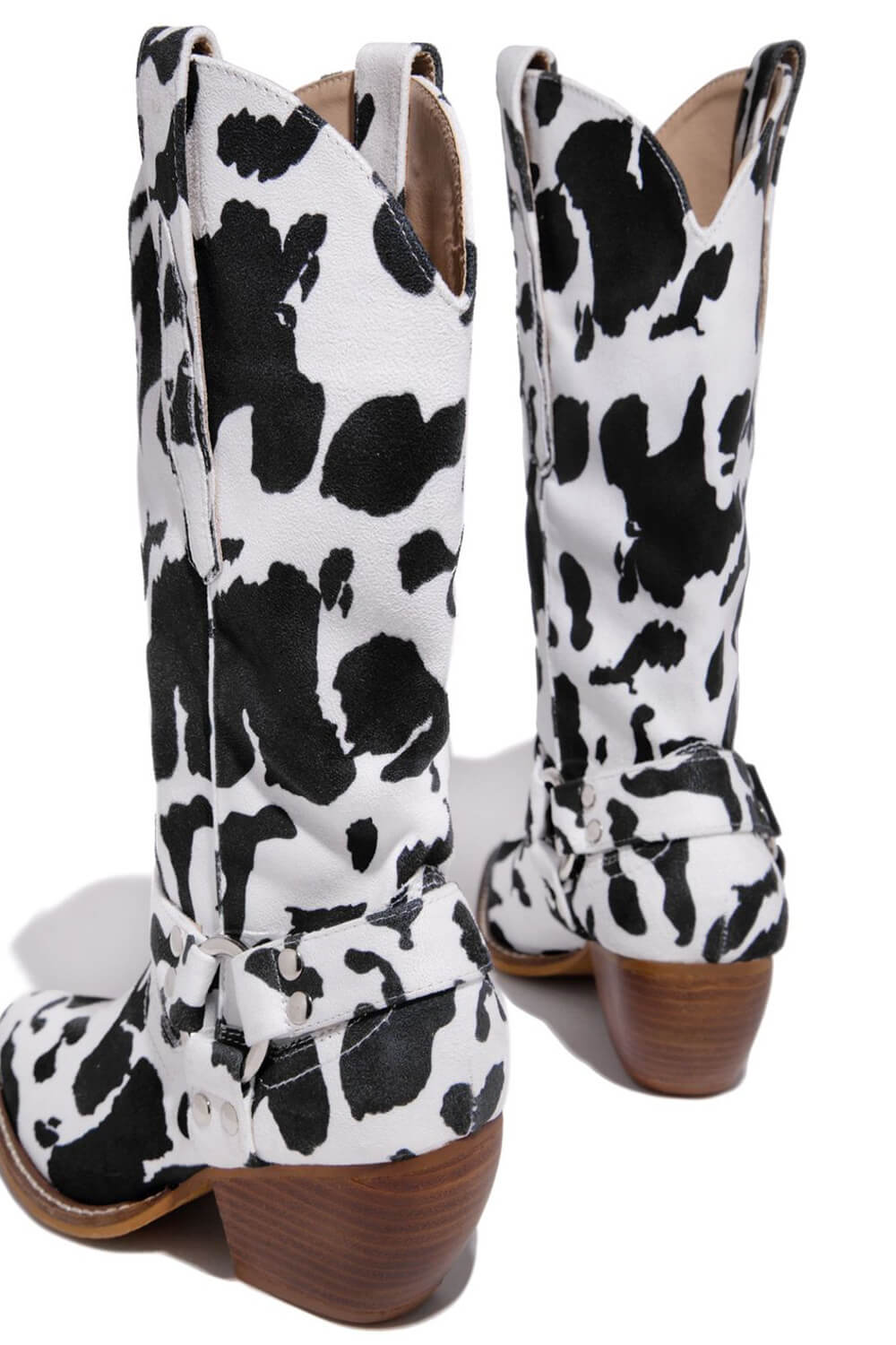 Cow Buckle Strap Detail Mid-Calf Western Boots - Black
