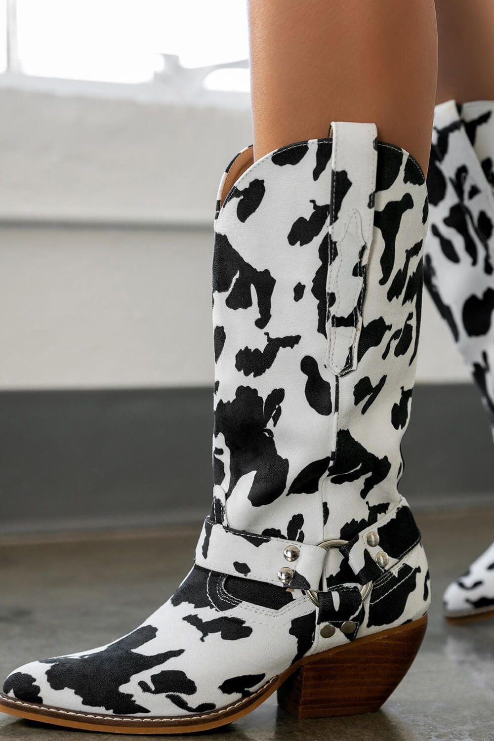Cow Buckle Strap Detail Mid-Calf Western Boots - Black
