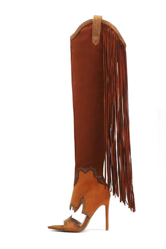 Rhinestone Embellished Fringe Cut Out Western Cowboy Open Toe Stiletto Boots - Orange