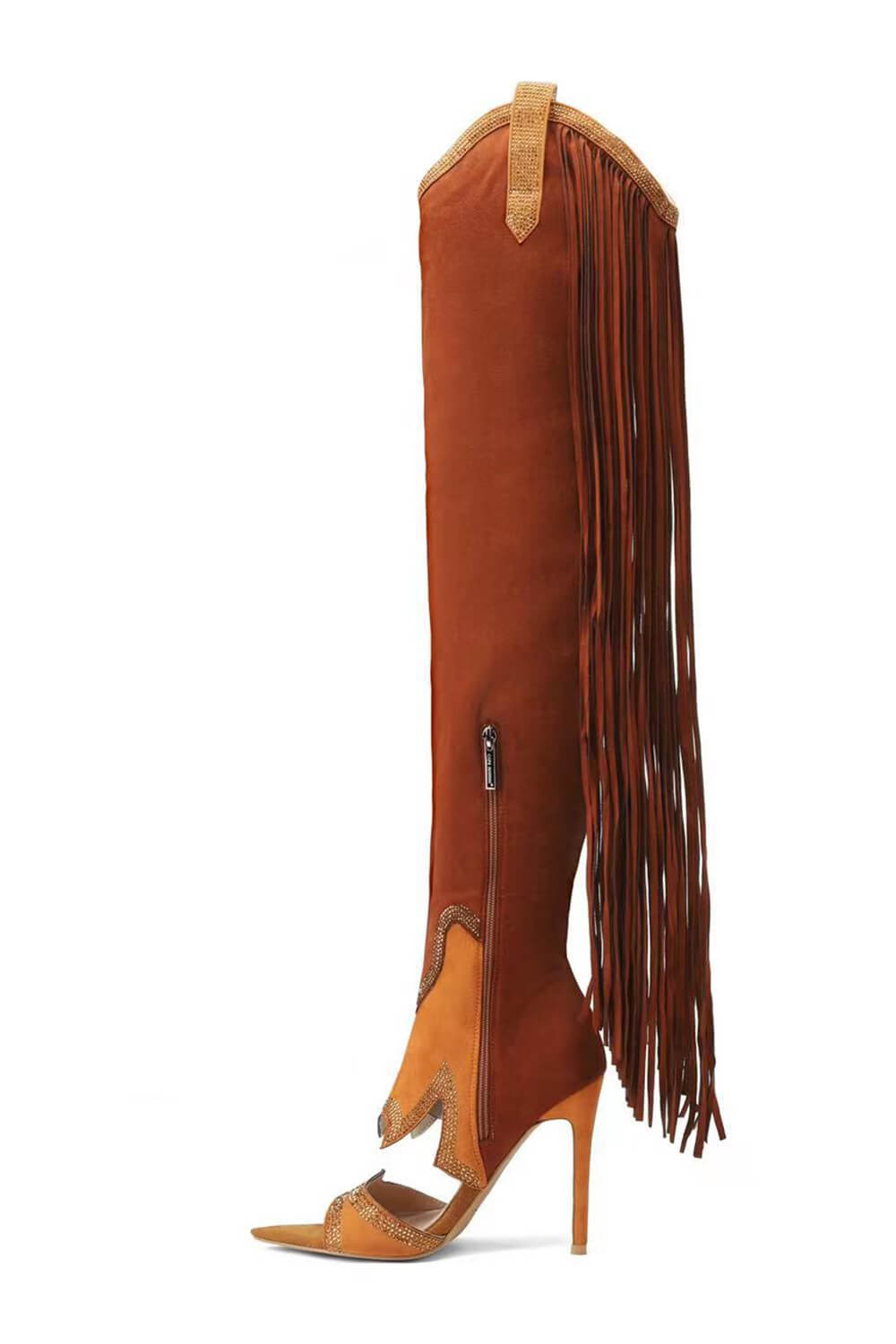Rhinestone Embellished Fringe Cut Out Western Cowboy Open Toe Stiletto Boots - Orange