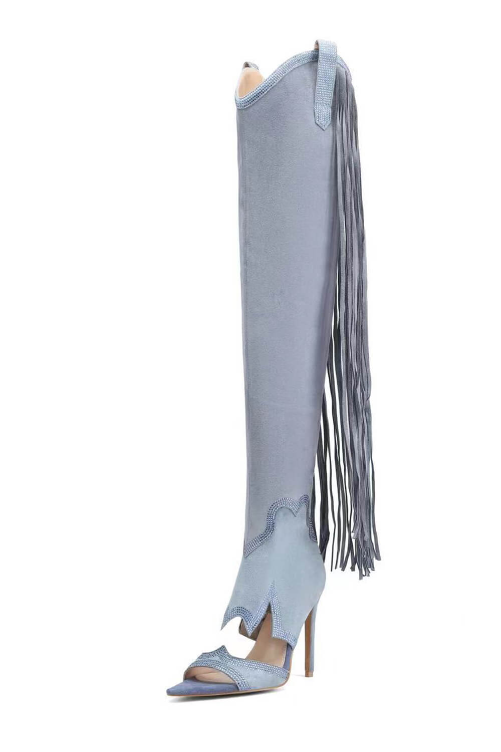 Rhinestone Embellished Fringe Cut Out Western Cowboy Open Toe Stiletto Boots - Light Blue