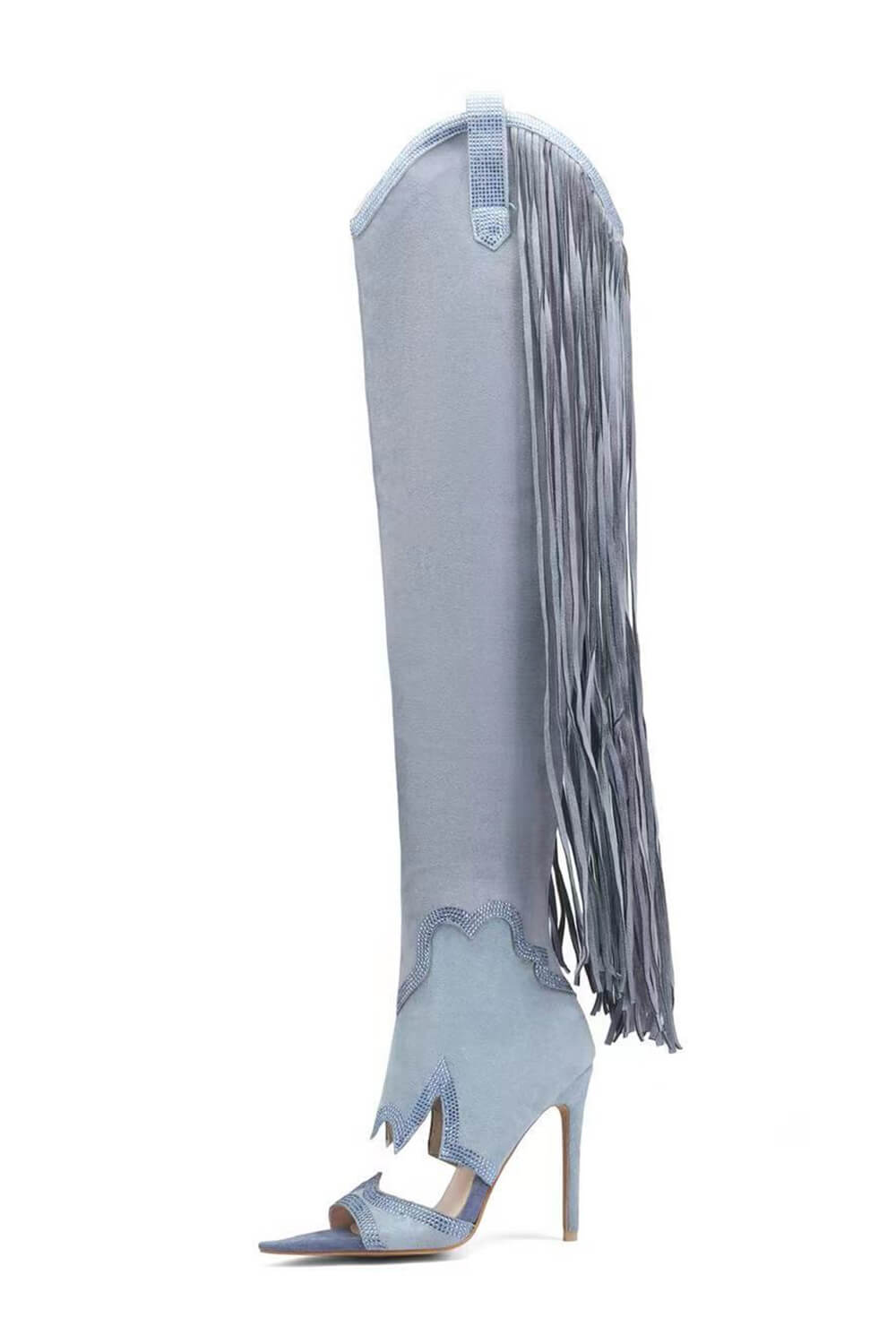 Rhinestone Embellished Fringe Cut Out Western Cowboy Open Toe Stiletto Boots - Light Blue