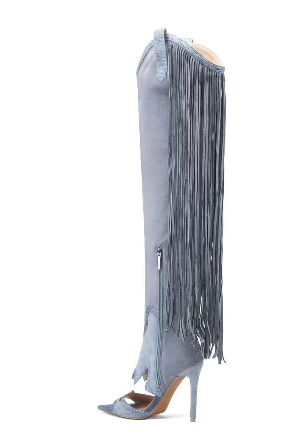 Rhinestone Embellished Fringe Cut Out Western Cowboy Open Toe Stiletto Boots - Light Blue