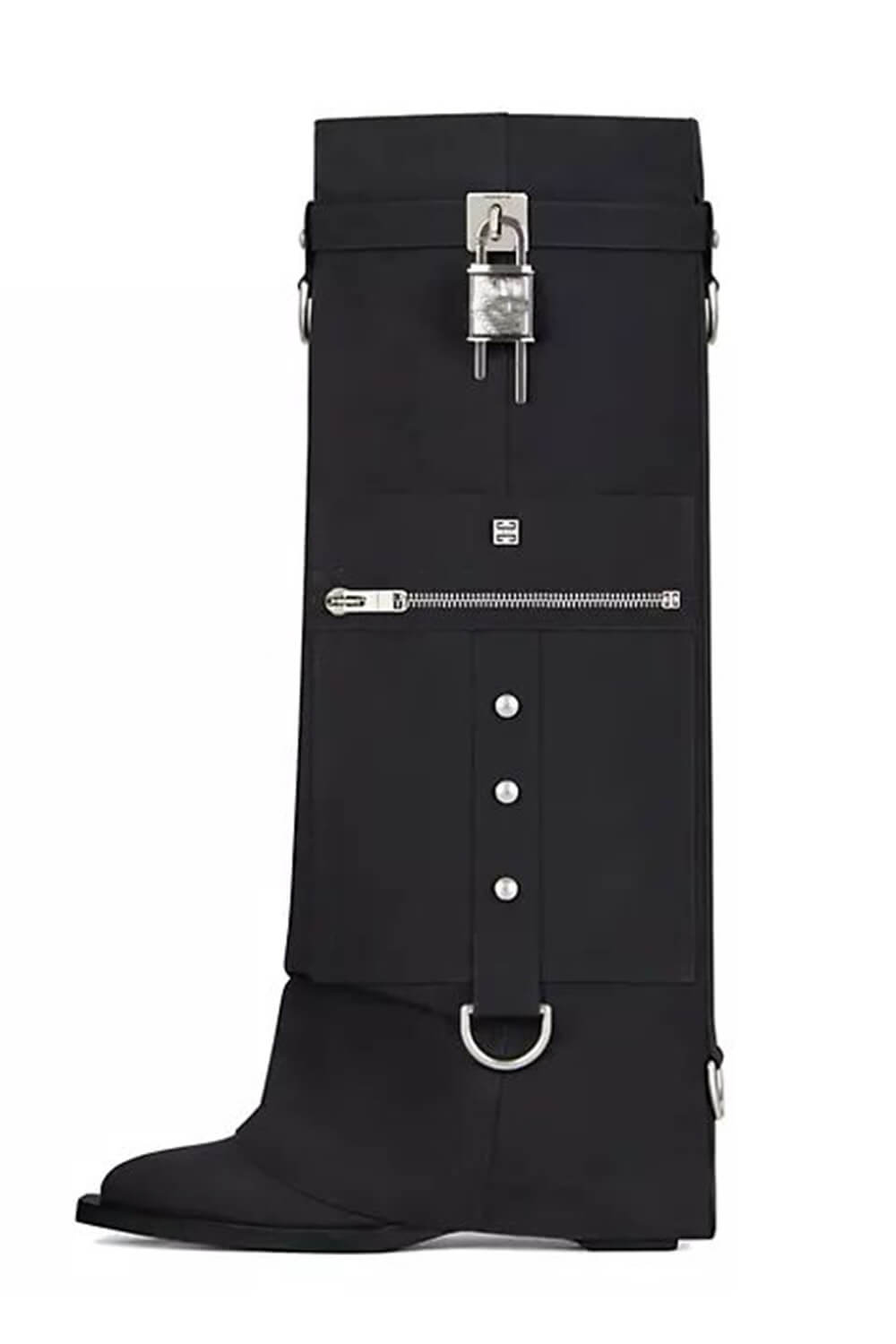 Denim Fold Over Wedge Boots With Pocket And Buckles - Black