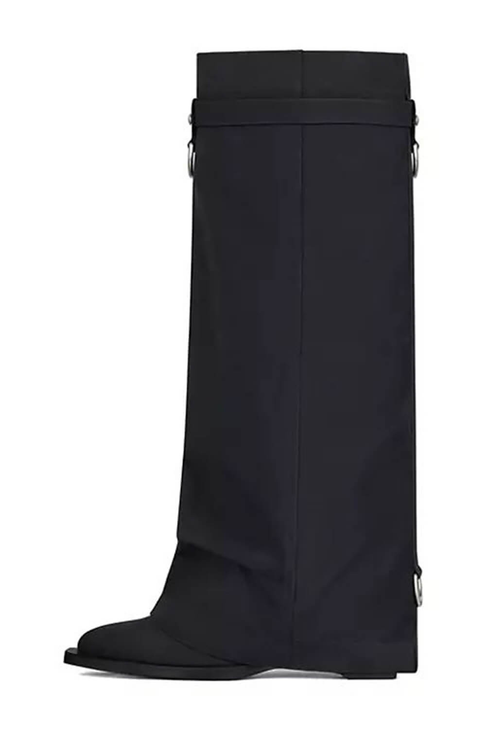 Denim Fold Over Wedge Boots With Pocket And Buckles - Black