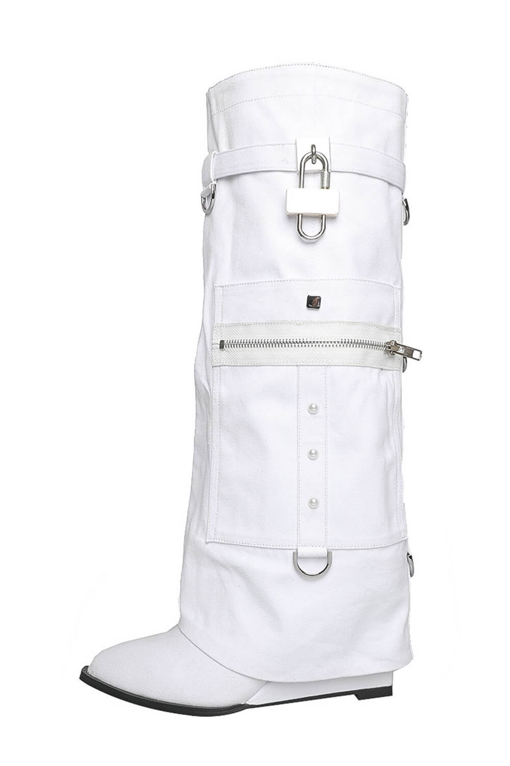 Denim Fold Over Wedge Boots With Pocket And Buckles - White