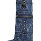 Denim Fold Over Wedge Boots With Pocket And Buckles - Blue