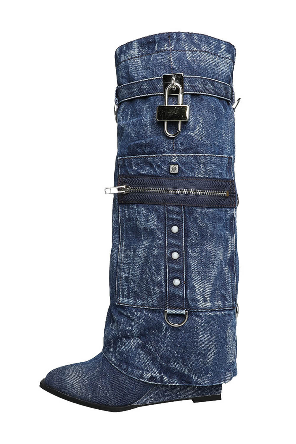Denim Fold Over Wedge Boots With Pocket And Buckles - Blue