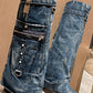 Denim Fold Over Wedge Boots With Pocket And Buckles - Blue
