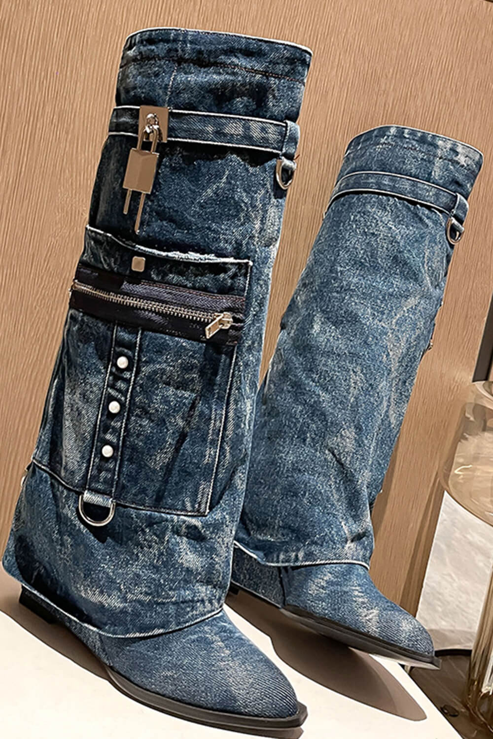 Denim Fold Over Wedge Boots With Pocket And Buckles - Blue