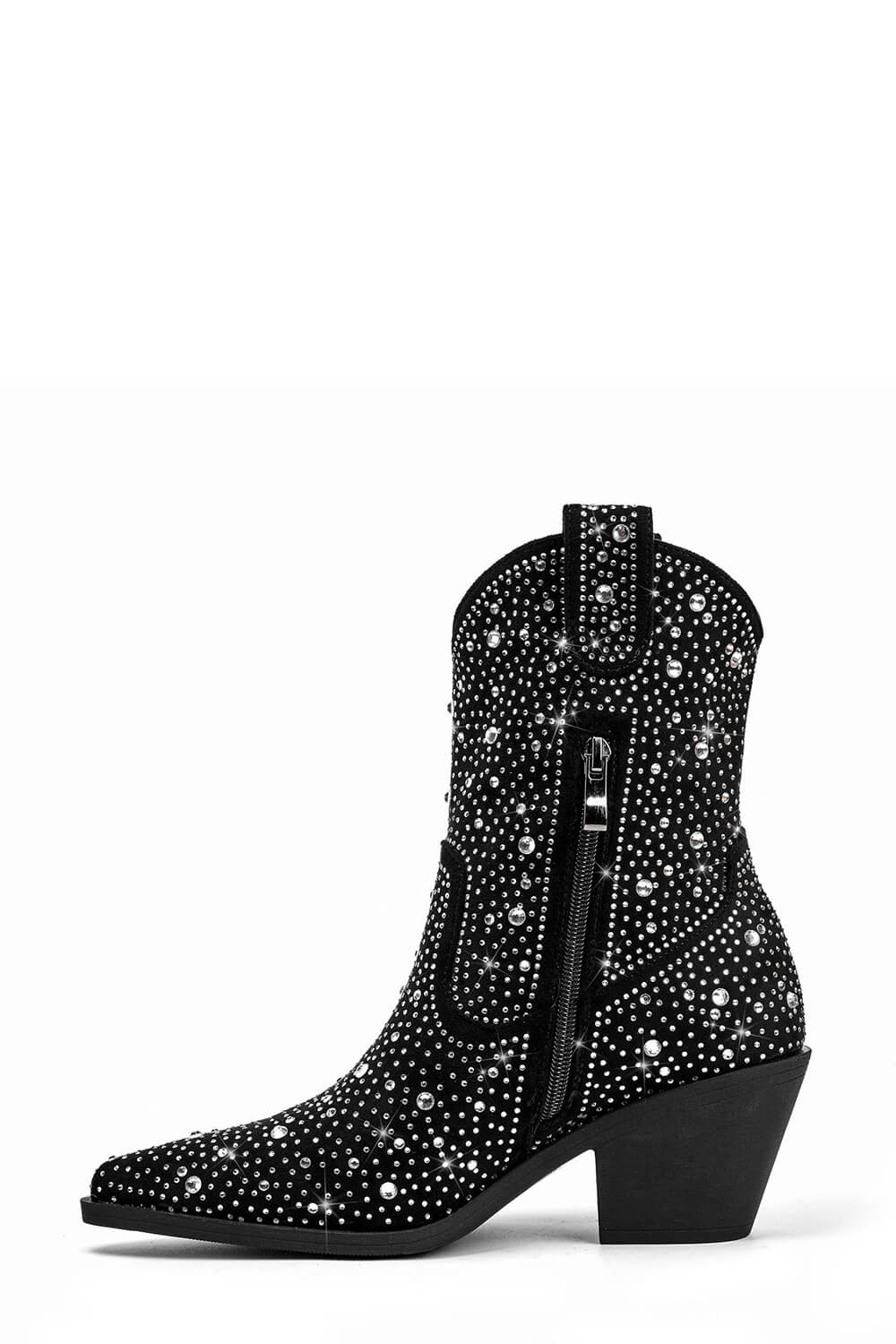 Rhinestones Embellished Faux Leather Western Cowboy Pointed Toe Block Heeled Ankle Boots