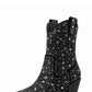 Rhinestones Embellished Faux Leather Western Cowboy Pointed Toe Block Heeled Ankle Boots