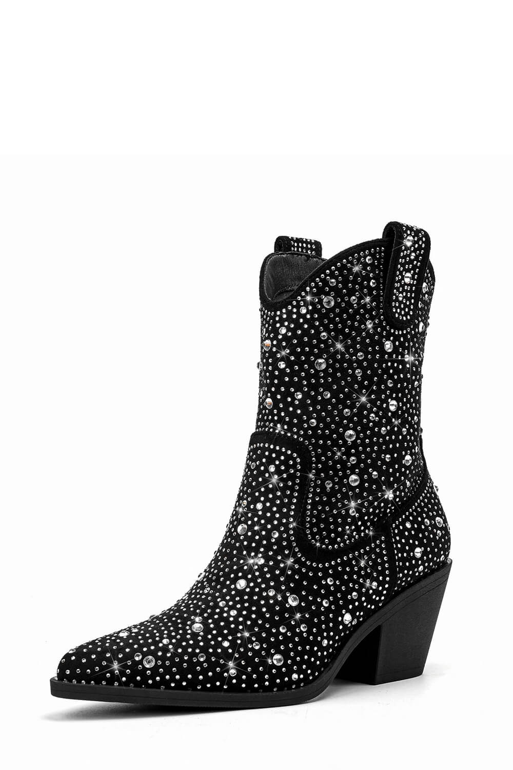 Rhinestones Embellished Faux Leather Western Cowboy Pointed Toe Block Heeled Ankle Boots