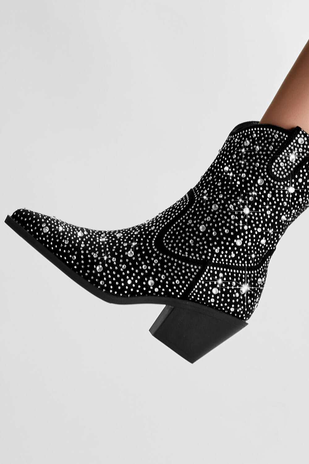 Rhinestones Embellished Faux Leather Western Cowboy Pointed Toe Block Heeled Ankle Boots