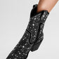 Rhinestones Embellished Faux Leather Western Cowboy Pointed Toe Block Heeled Ankle Boots