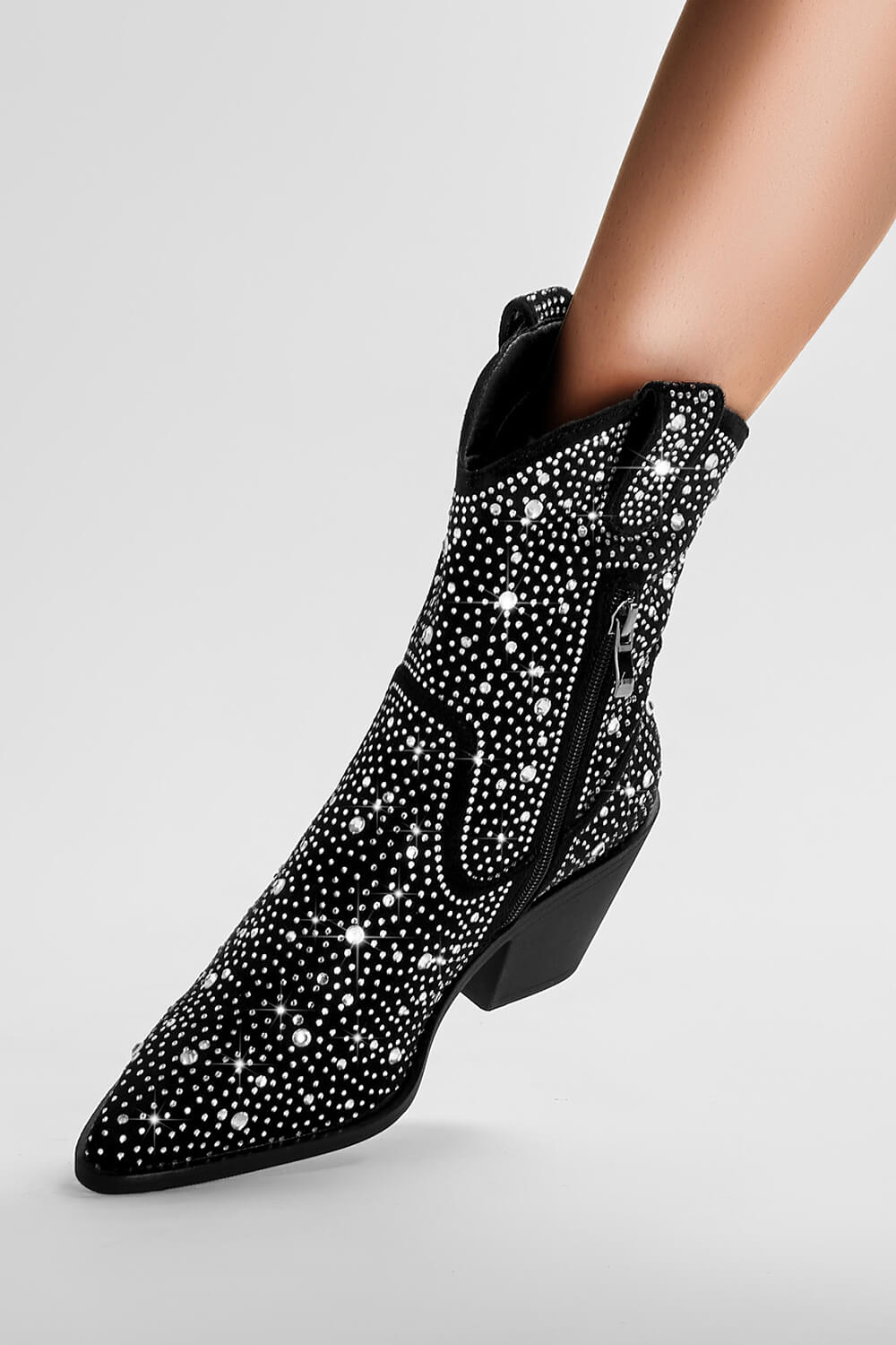 Rhinestones Embellished Faux Leather Western Cowboy Pointed Toe Block Heeled Ankle Boots