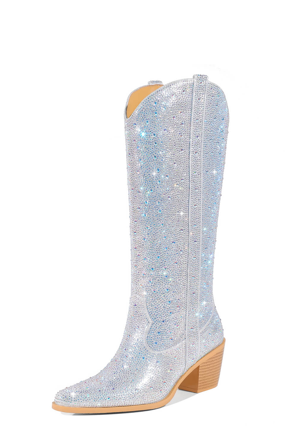 Rhinestones Embellished Western Cowboy Mid-Calf Pointed Toe Block Heeled Boots - Silver