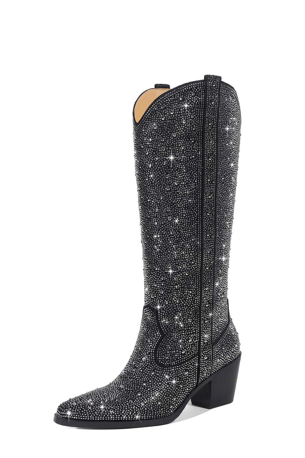 Rhinestones Embellished Western Cowboy Mid-Calf Pointed Toe Block Heeled Boots - Black